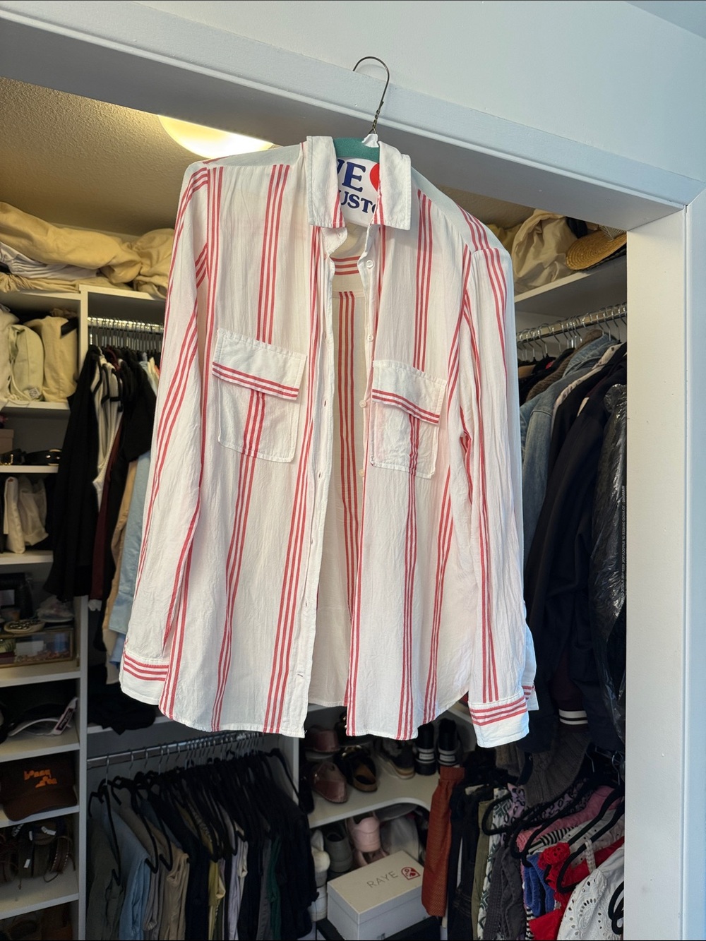 Zara White thin summer weight button up  with Red Stripes